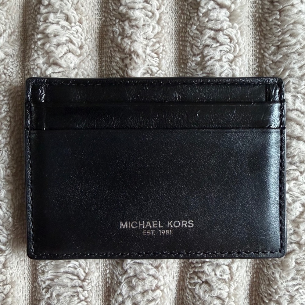 Michael Kors Black Leather Slim Card Case Wallet with ID Window Logo Est 1981